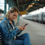 Femme assise seule sur un banc de gare déserte
