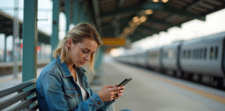 Femme assise seule sur un banc de gare déserte