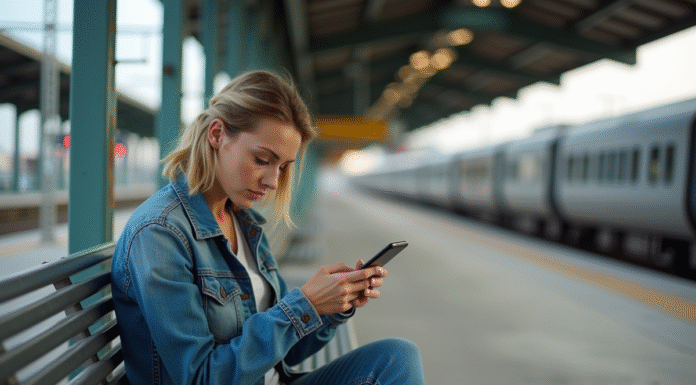 Femme assise seule sur un banc de gare déserte