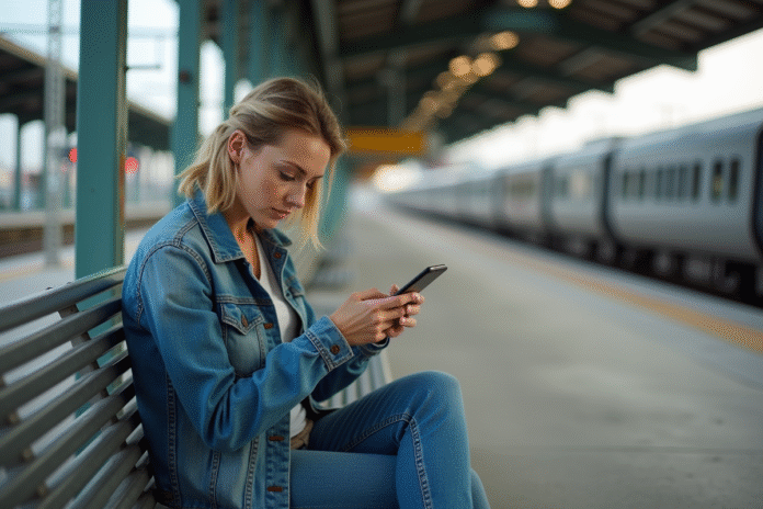 Femme assise seule sur un banc de gare déserte