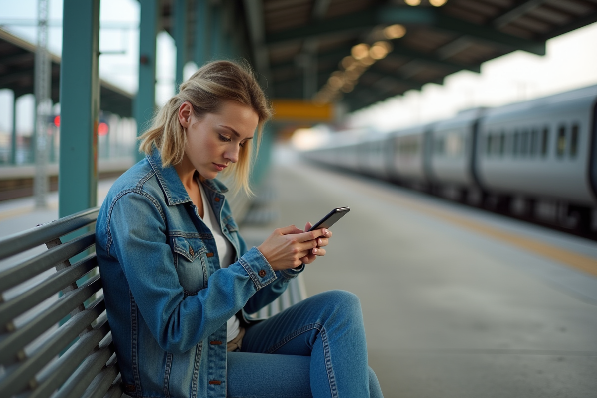 Femme assise seule sur un banc de gare déserte