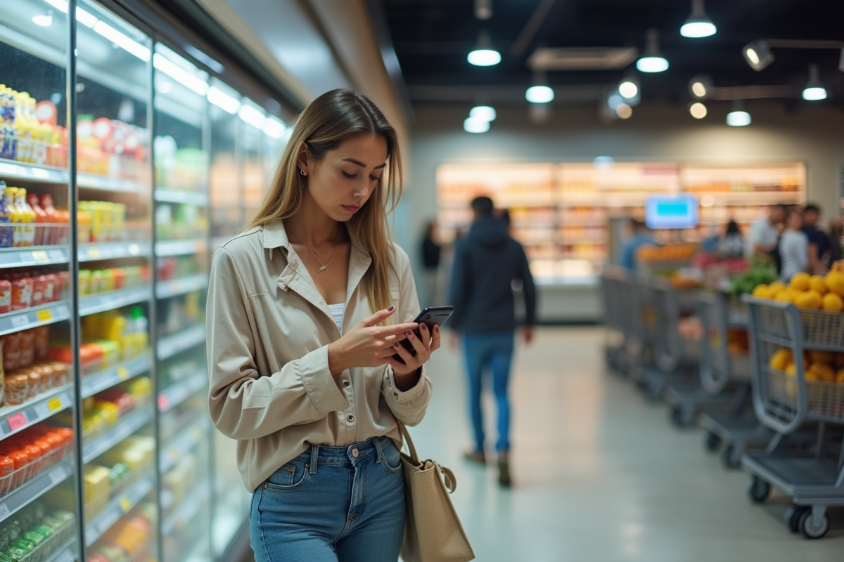 Jeune femme compare prix dans un supermarché