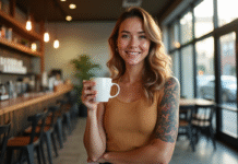 Femme confiante avec tatouage au bras dans un café lumineux
