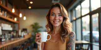 Femme confiante avec tatouage au bras dans un café lumineux