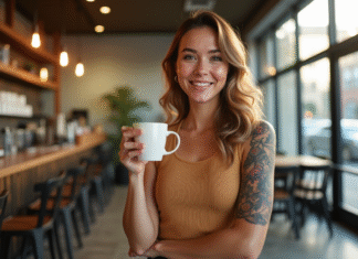 Femme confiante avec tatouage au bras dans un café lumineux