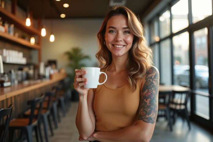 femme-tatouage-cafe-urbain Femme confiante avec tatouage au bras dans un café lumineux
