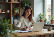Gagner 300 euros par mois : stratégies efficaces pour augmenter vos revenus Femme assise à son bureau à la maison en tenue décontractée