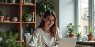 Gagner 300 euros par mois : stratégies efficaces pour augmenter vos revenus Femme assise à son bureau à la maison en tenue décontractée