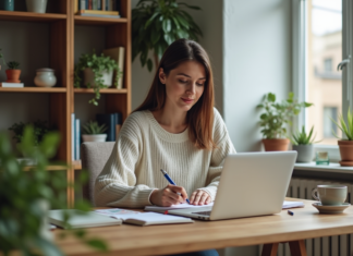 Gagner 300 euros par mois : stratégies efficaces pour augmenter vos revenus Femme assise à son bureau à la maison en tenue décontractée