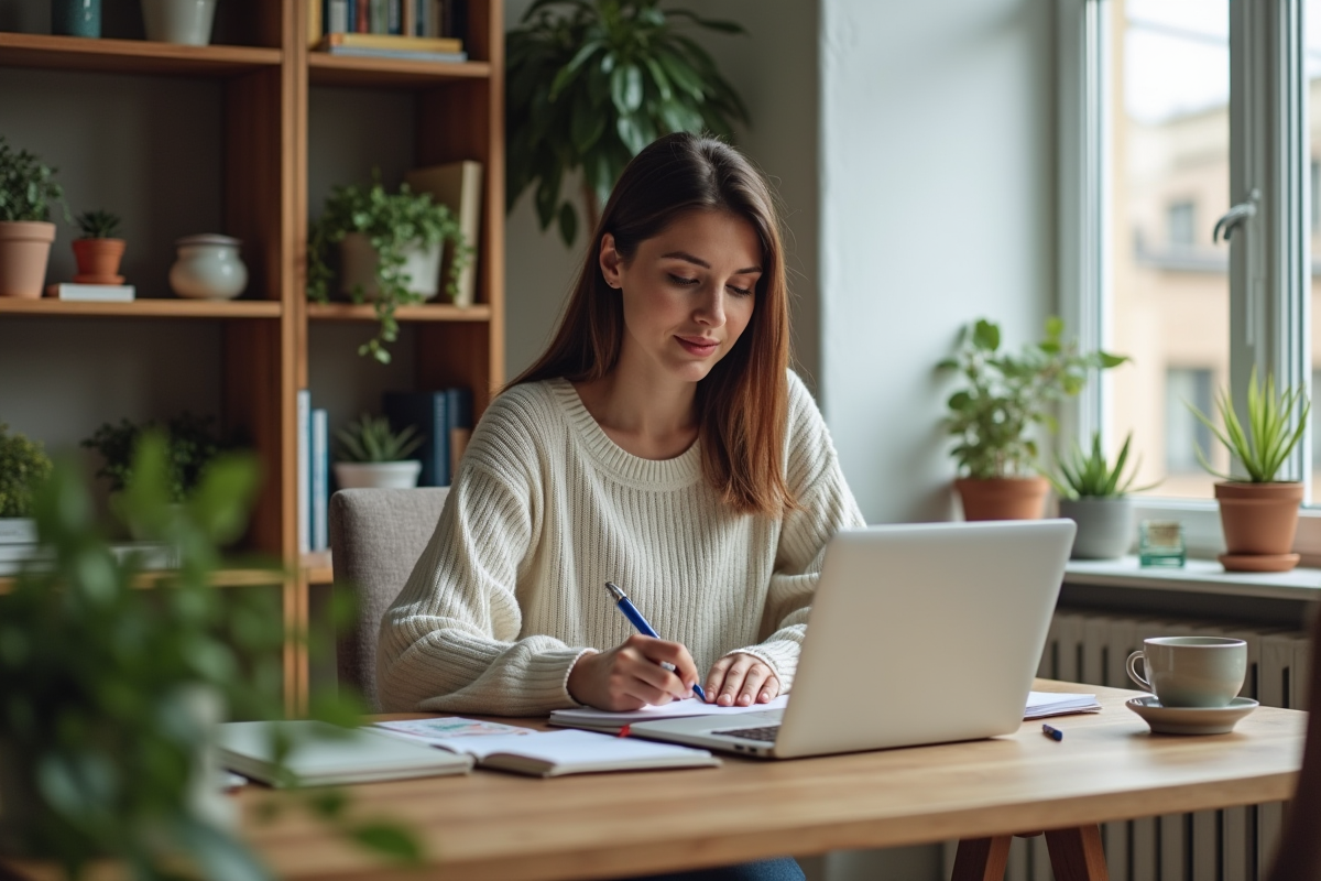 Femme assise à son bureau à la maison en tenue décontractée
