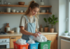 Economie circulaire : conseils pour favoriser le recyclage des ressources Jeune femme trie des déchets recyclables dans la cuisine