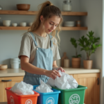 Economie circulaire : conseils pour favoriser le recyclage des ressources Jeune femme trie des déchets recyclables dans la cuisine