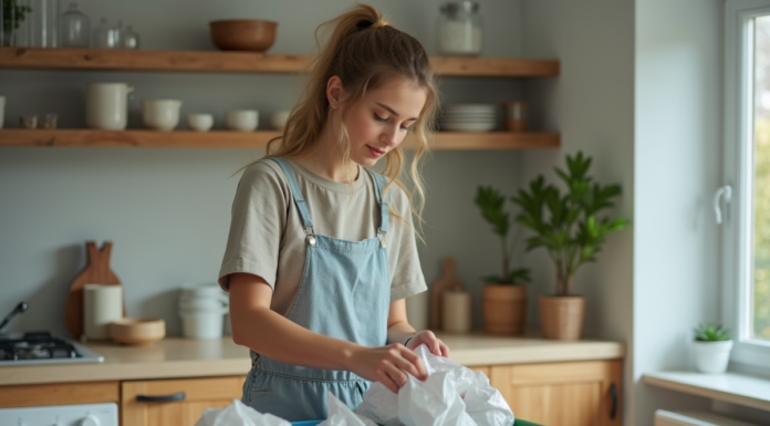 Jeune femme trie des déchets recyclables dans la cuisine