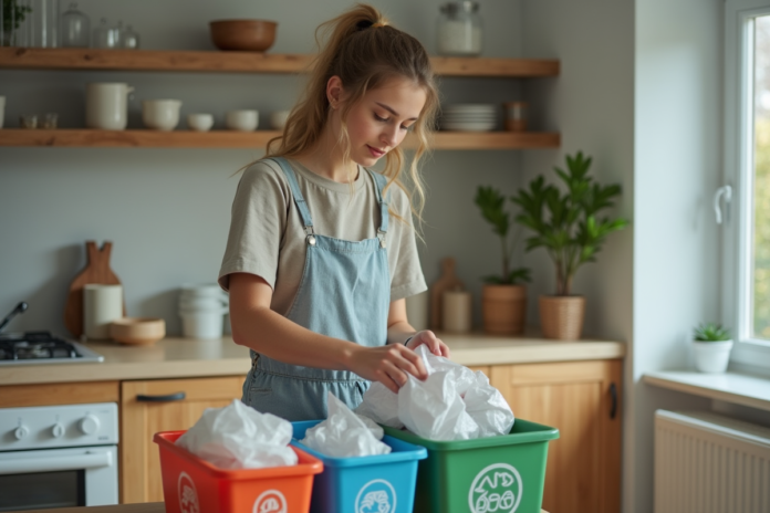 Jeune femme trie des déchets recyclables dans la cuisine