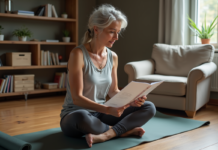 Femme méditant en yoga dans un salon chaleureux