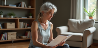 Femme méditant en yoga dans un salon chaleureux