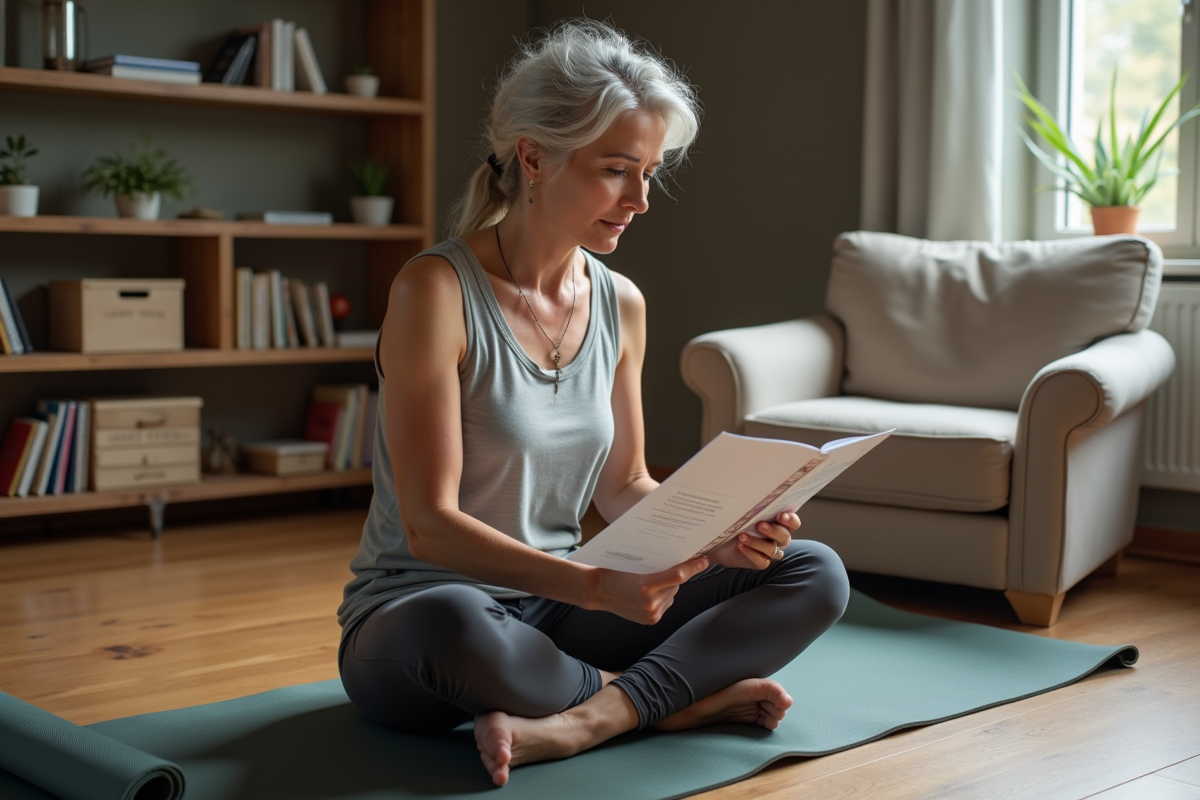 Femme méditant en yoga dans un salon chaleureux