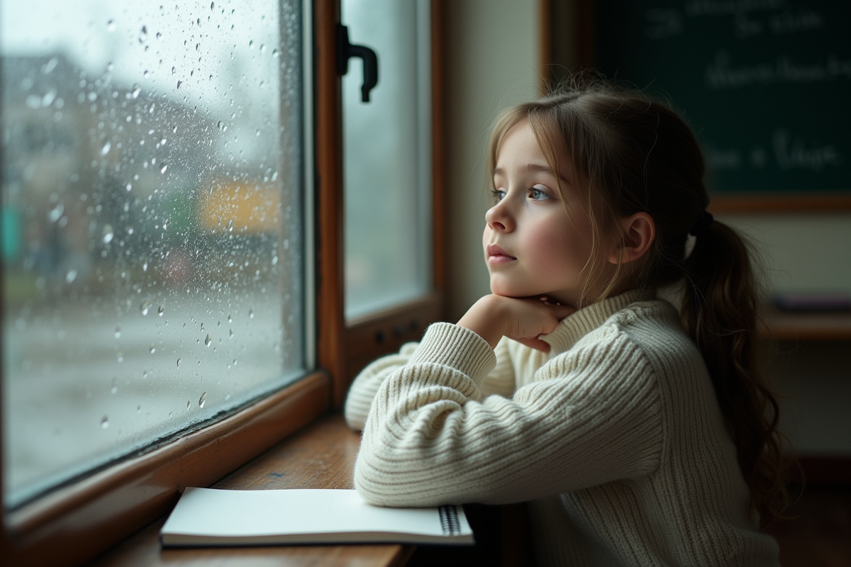 Fille de douze ans regardant par la fenêtre pluvieuse