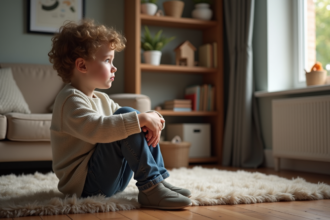 Garçon sensible assis sur le sol dans un salon chaleureux