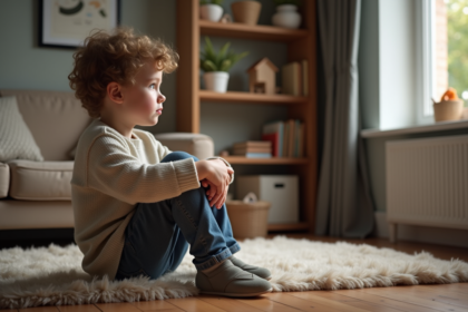 Garçon sensible assis sur le sol dans un salon chaleureux