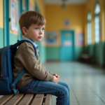 Enfance : vulnérabilité de l’enfant, formes et prévention Garçon de sept ans assis seul sur un banc en école