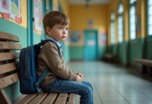 Enfance : vulnérabilité de l’enfant, formes et prévention Garçon de sept ans assis seul sur un banc en école
