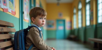 Enfance : vulnérabilité de l’enfant, formes et prévention Garçon de sept ans assis seul sur un banc en école