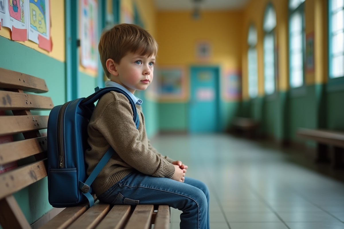 Garçon de sept ans assis seul sur un banc en école