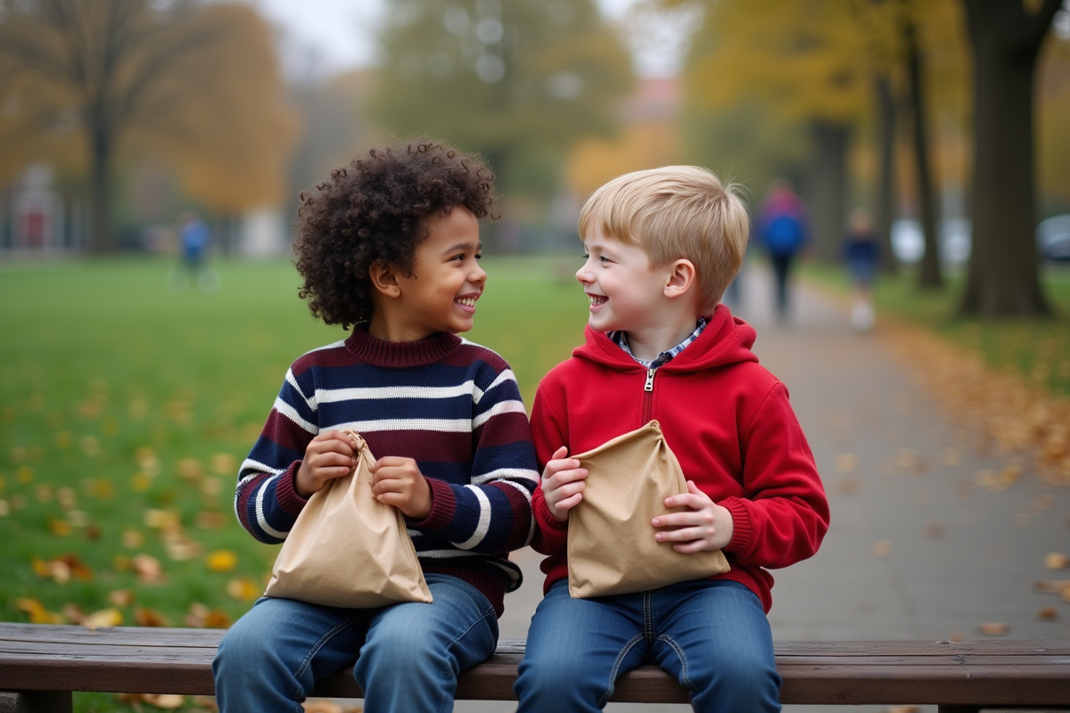 Deux garçons assis sur un banc de parc partageant un sac de chips