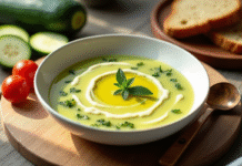 Bol de gazpacho de courgette frais avec huile et herbes