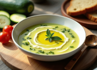 Bol de gazpacho de courgette frais avec huile et herbes