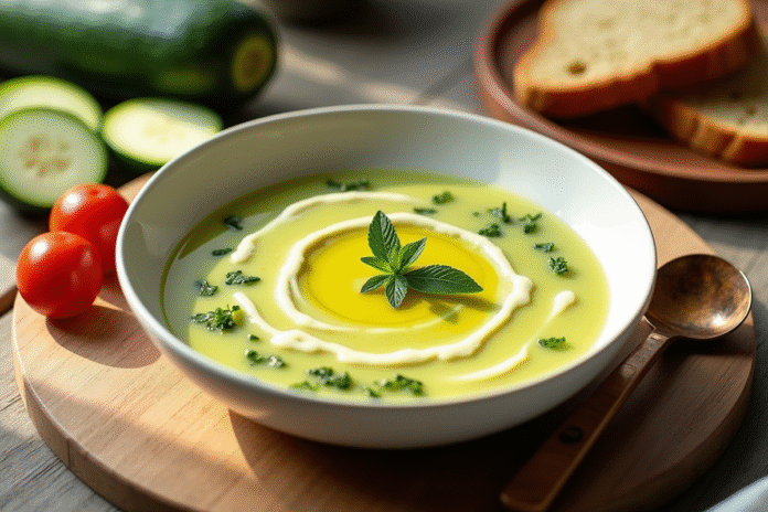 gazpacho-courgette-frais Bol de gazpacho de courgette frais avec huile et herbes