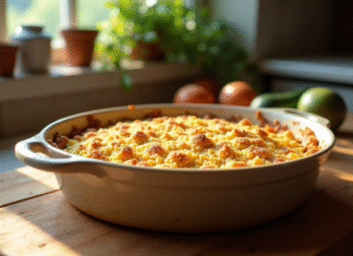 Gratin de courgettes servi dans un plat en céramique rustique