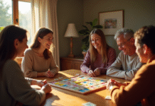 Groupe d'amis jouant au Rummikub dans une ambiance chaleureuse