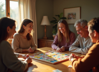 Groupe d'amis jouant au Rummikub dans une ambiance chaleureuse