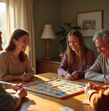 Groupe d'amis jouant au Rummikub dans une ambiance chaleureuse