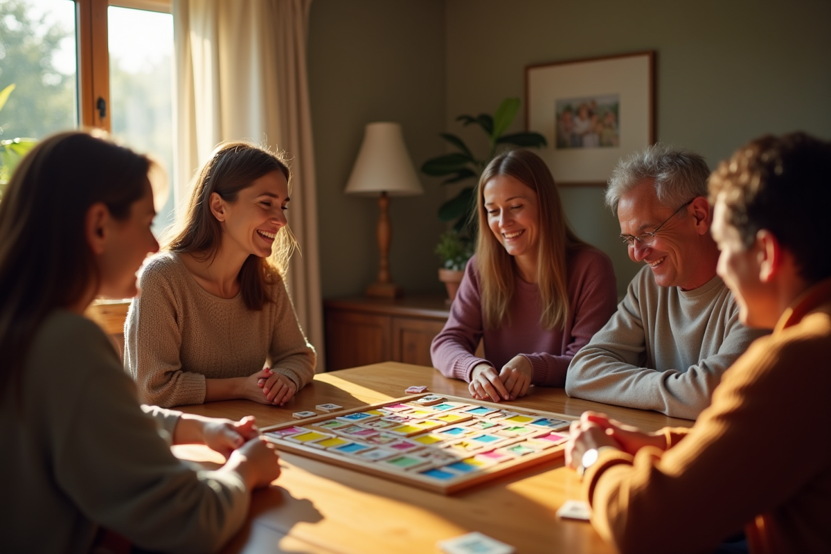 Groupe d'amis jouant au Rummikub dans une ambiance chaleureuse