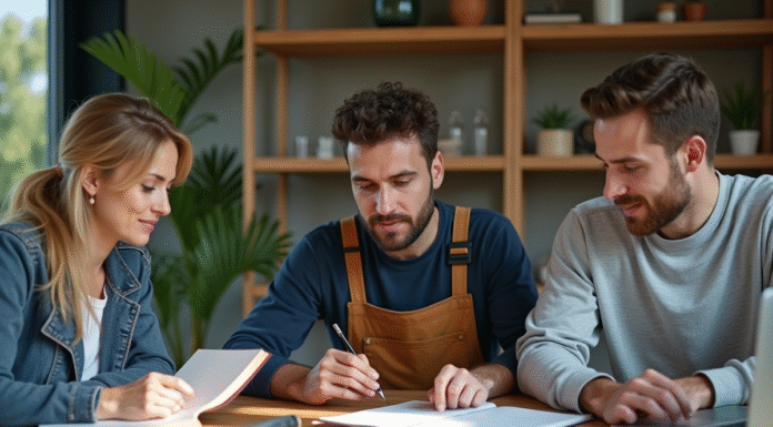 Groupe divers d'apprenants autour d'une table moderne