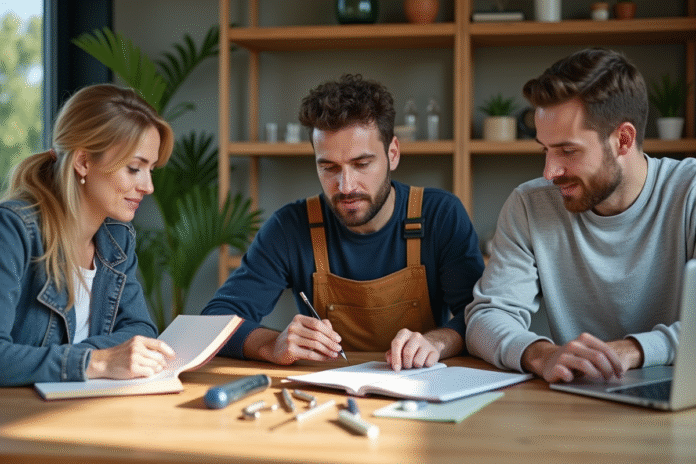 groupe-apprenants-bureau Groupe divers d'apprenants autour d'une table moderne