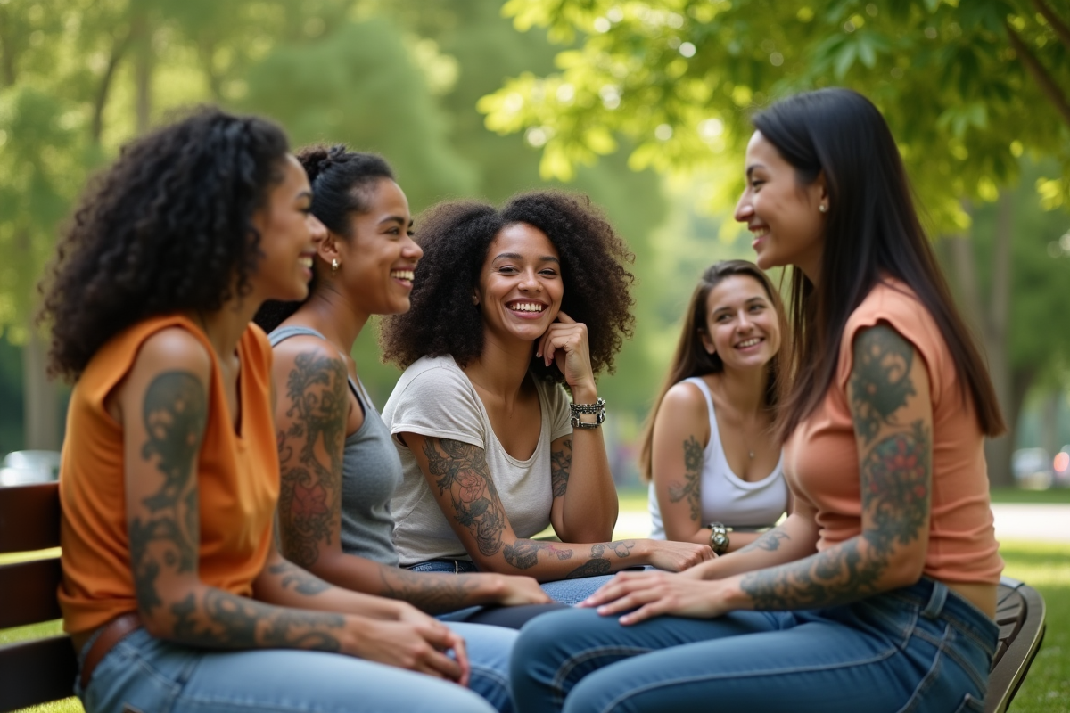 Groupe de femmes avec tatouages discutant dans un parc en plein air