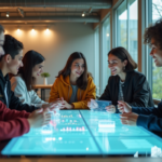 Technologie future : Quelle innovation surpassera Internet ? Groupe de jeunes adultes autour d'une table digitale futuriste