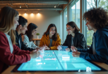 Technologie future : Quelle innovation surpassera Internet ? Groupe de jeunes adultes autour d'une table digitale futuriste