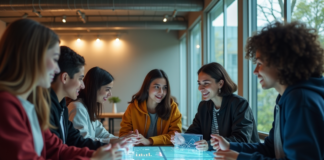 Technologie future : Quelle innovation surpassera Internet ? Groupe de jeunes adultes autour d'une table digitale futuriste