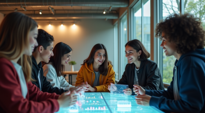 Groupe de jeunes adultes autour d'une table digitale futuriste