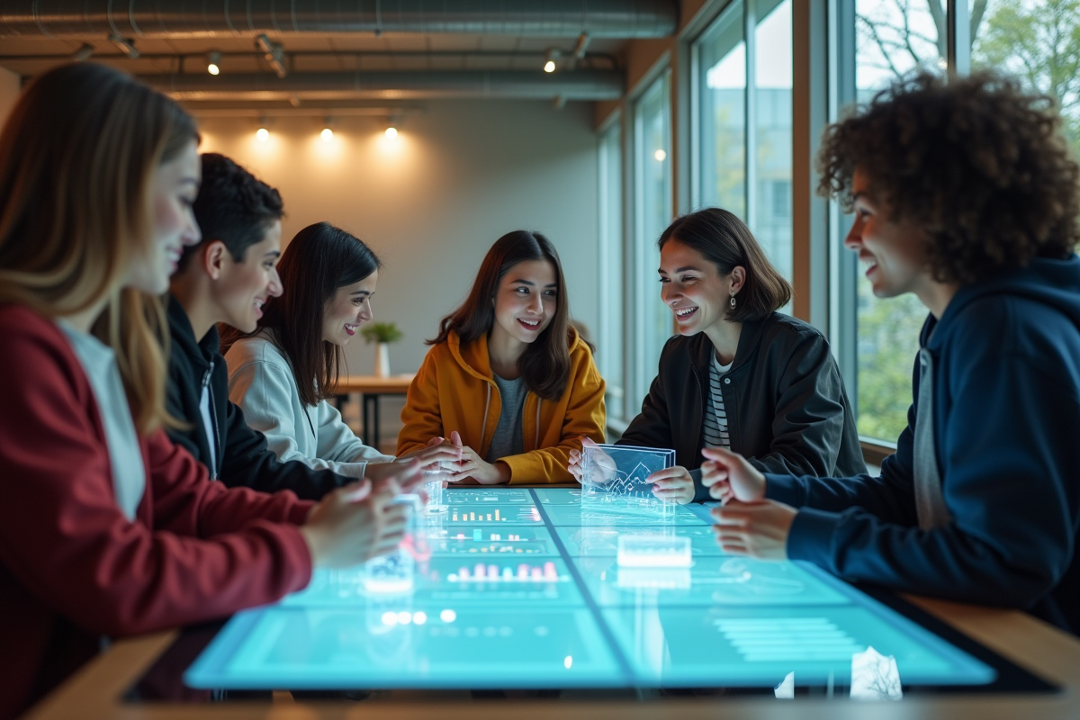 Groupe de jeunes adultes autour d'une table digitale futuriste