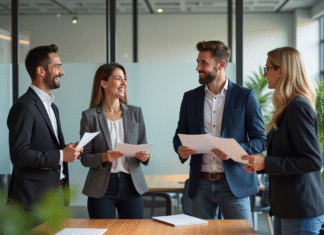Groupe de professionnels en réunion dans un bureau moderne
