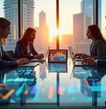 Groupe de professionnels analysant des données fintech modernes