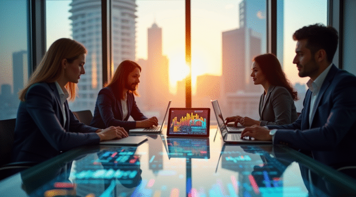 Groupe de professionnels analysant des données fintech modernes