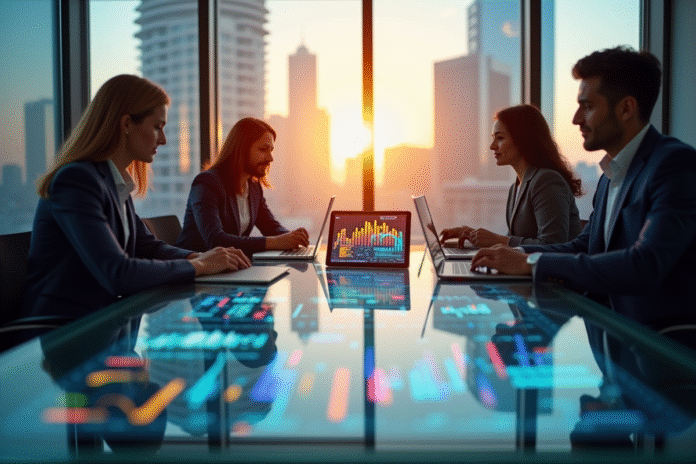 groupe-professionnels-fintech Groupe de professionnels analysant des données fintech modernes