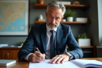 Homme d'affaires en costume examine un contrat immobilier